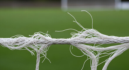 Torn white soccer net on green field background