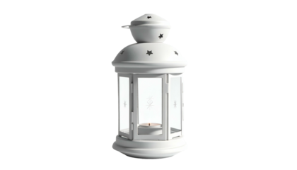 A decorative white lantern with a lit candle inside, set against a black background