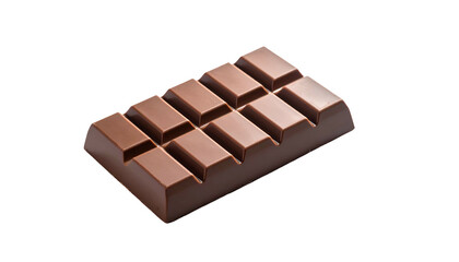 A milk chocolate bar with segmented sections and a smooth, glossy surface, isolated