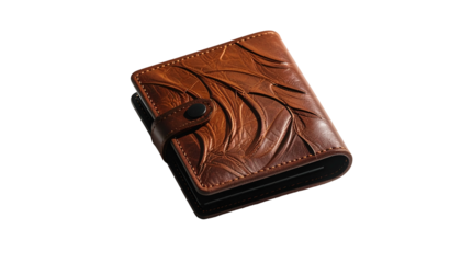 Leather bi-fold wallet with embossed leaf design and snap closure, floating on black