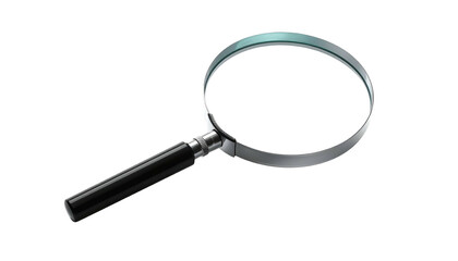 A magnifying glass with a silver frame and black handle against a black background