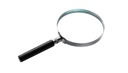 A magnifying glass with a silver frame and black handle against a black background