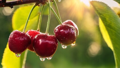 view of ripe cherries covered in dew drops hanging from a branch bathed in sunlight