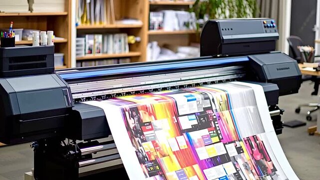 Large format inkjet printer printing colorful poster