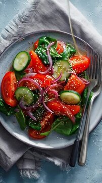 Gesunder Gem&uuml;sesalat mit Tomate, Gurke, Zwiebel, Spinat, Salat und Sesam &ndash; Draufsicht