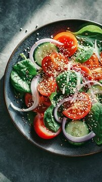Gesunder Gem&uuml;sesalat mit Tomate, Gurke, Zwiebel, Spinat, Salat und Sesam &ndash; Draufsicht