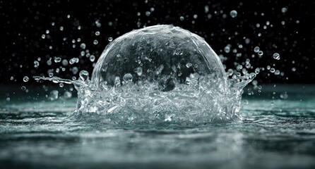 Transparent sphere impacting water, creating a splash