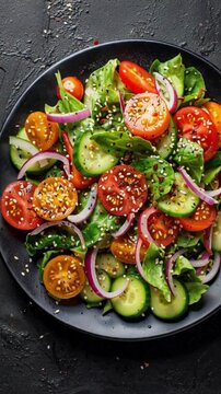 Gesunder Gem&uuml;sesalat mit Tomate, Gurke, Zwiebel, Spinat, Salat und Sesam &ndash; Draufsicht