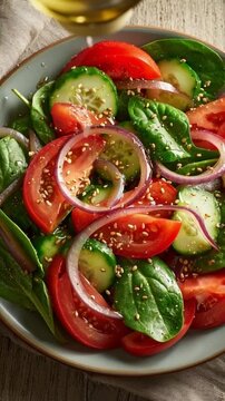 Gesunder Gem&uuml;sesalat mit Tomate, Gurke, Zwiebel, Spinat, Salat und Sesam &ndash; Draufsicht