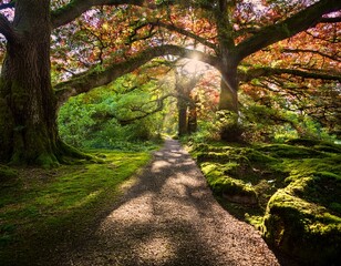 Obraz premium dappled sunlight on mossy path under red oak canopy