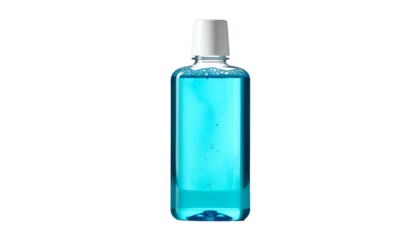 A transparent bottle, filled with blue liquid, sits against a black background