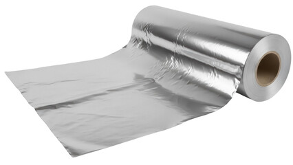 Shiny aluminum foil roll isolated PNG, silver metal wrap for cooking and food packaging on transparent background, kitchen material
