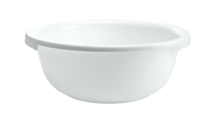 A plain, white, round kitchen bowl with a curved profile, on a black background
