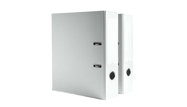 Two bright white ring binders, one slightly open, with a black background
