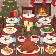 Festive Christmas Dinner Table with Roast Turkey and Holiday Decorations for Family Celebration
