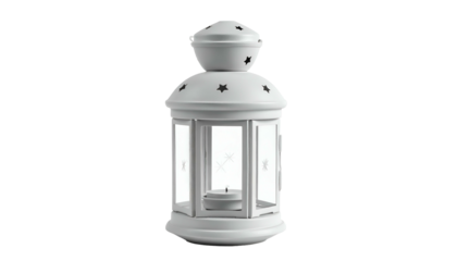 A decorative white lantern with star cutouts and a small candle inside, on a black background