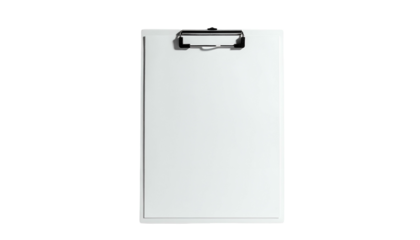 A rectangular white clipboard with a metal clip, set against a black background