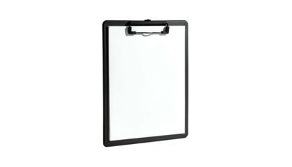 A blank white paper rests on a black plastic clipboard against a solid black background
