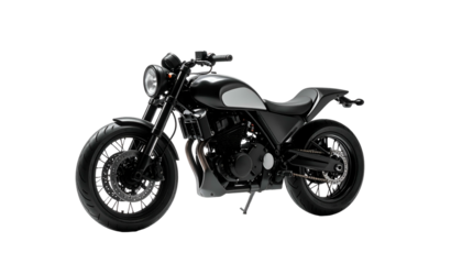 Sleek black & silver cafe racer motorcycle against a black background