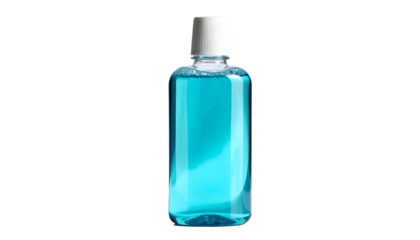 Clear bottle filled with blue liquid, capped with white, against black background