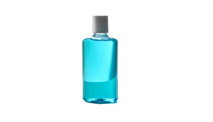 Transparent, rectangular bottle filled with blue liquid against a black background