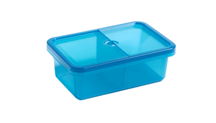 A transparent, rectangular, blue plastic food container with a divided compartment