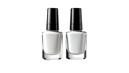 Obraz premium Two identical nail polish bottles, white polish, black cap, clear bottom, black background