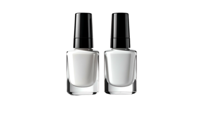 Two identical nail polish bottles, white polish, black cap, clear bottom, black background