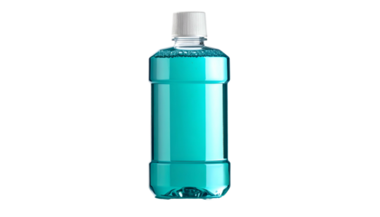 A close-up of a teal-colored liquid bottle, with a white cap, on a black background