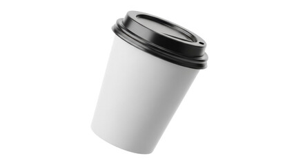 Disposable coffee cup with black lid isolated PNG on transparent background, takeaway hot drink container for cafe and restaurant use