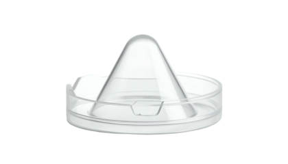 A clear, plastic feeding device component, likely for a baby bottle, on a black background