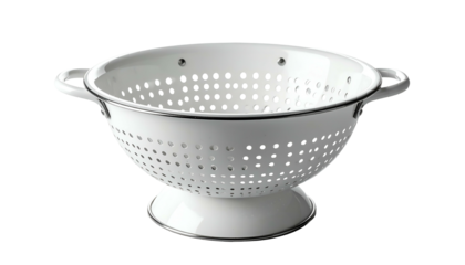 A white, metal, bowl-shaped kitchen tool with small holes and two handles