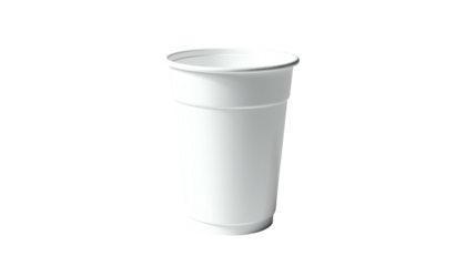 A plain white plastic beverage cup, cylindrical in shape, isolated on a black background