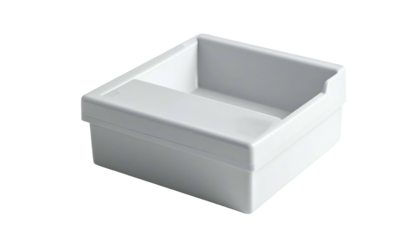 A white, rectangular container with a raised divider inside. Shadowed against a black background