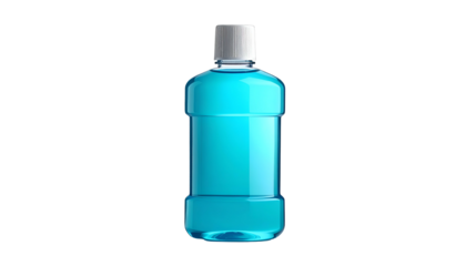 A close-up of a blue liquid in a clear bottle, with a white cap, on black background