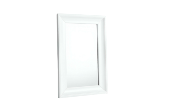 A white rectangular picture frame, angled, with a bright blank center, against black backdrop - Powered by Adobe