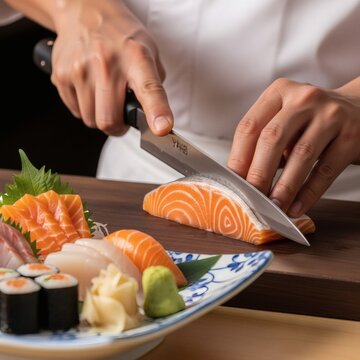 Close-up of a chef's hands slicing salmon sashimi with a sharp knife on a wooden cutting board next to a plate of sushi.