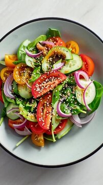 Gesunder Gem&uuml;sesalat mit Tomate, Gurke, Zwiebel, Spinat, Salat und Sesam &ndash; Draufsicht