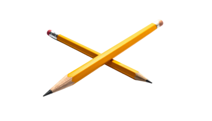 Two crossed yellow pencils with erasers, lead, and sharp tips against a black background