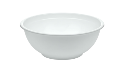 A white, empty mixing bowl with a rounded bottom, set against a stark black background