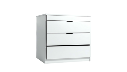 A white, modern-style chest of drawers with three large drawers and one smaller top