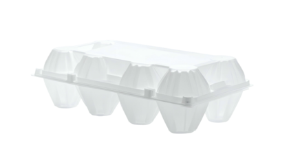 Close-up of a white, six-egg carton against a black background, fully closed