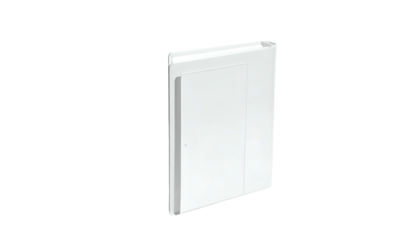 A close-up of a white, rectangular object with a slightly rounded spine, against black