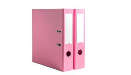 Two upright pink ring binders, labels visible, against a black background