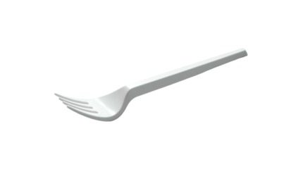 A white plastic fork on a black background, slightly angled, close-up shot