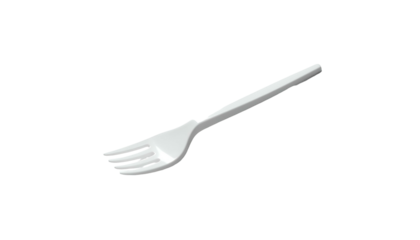 A white plastic fork, isolated against a black background. Angled perspective (1)