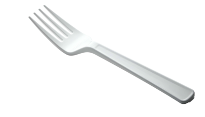 Isolated white plastic fork on a dark background, angled, tines visible, ready for food
