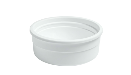 Isolated, round, white plastic container with a thick rim, small ledge, and curved sides