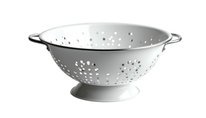 White enamelware colander with small holes and metal rim, isolated on black background