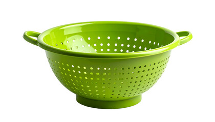 A bright green colander, with two handles, ready for draining. Isolated on black